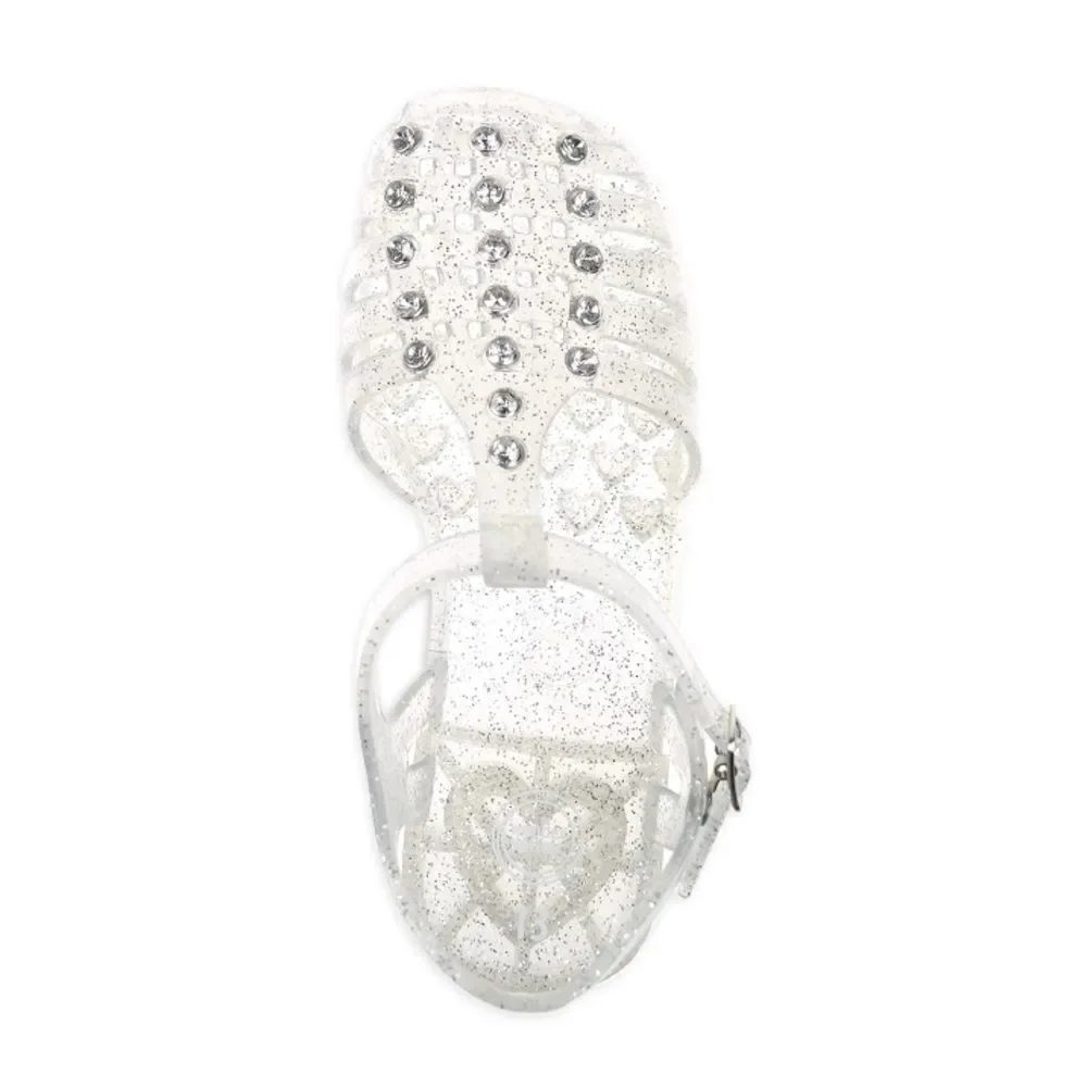 Little Girl's Crystal Jelly Silver Glitter Studded Sandals Shoes Size 2